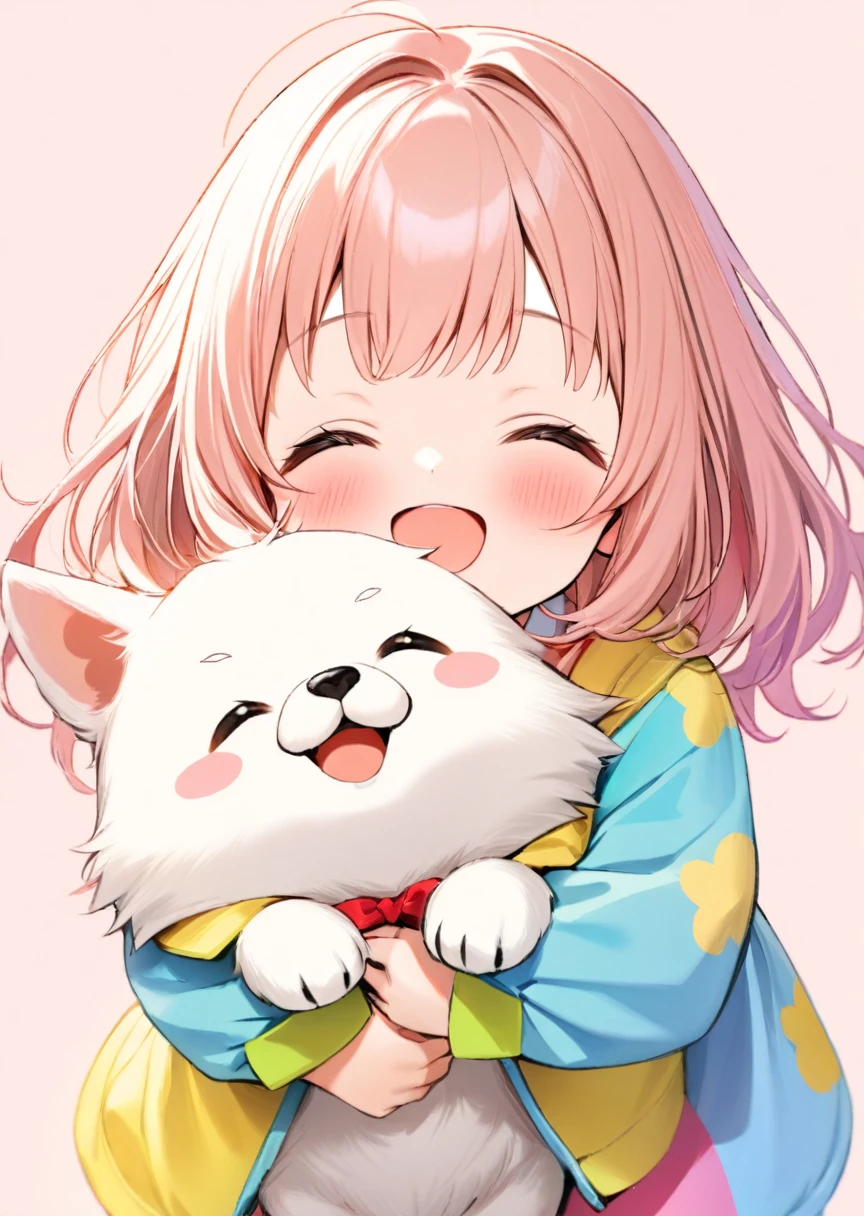 1girl, cute face, kindergarten, (closed eyes:1.1), open mouth, (happy mood:1.3), bright smile, hugging a cute dog, (simple background:1.3), vivid color, colorfull, (masterpiece:1.3), (best quality:1.2), anatomically correct, accurate,l2v