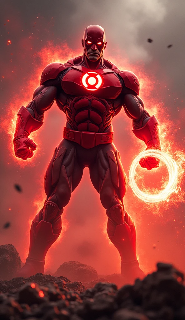 Male, huge, red skin, glowing eyes, shark-like teeth, ear guards, red tech armor, black pants, round symbol, red boots and gloves, large shoulder pads, aura, space background