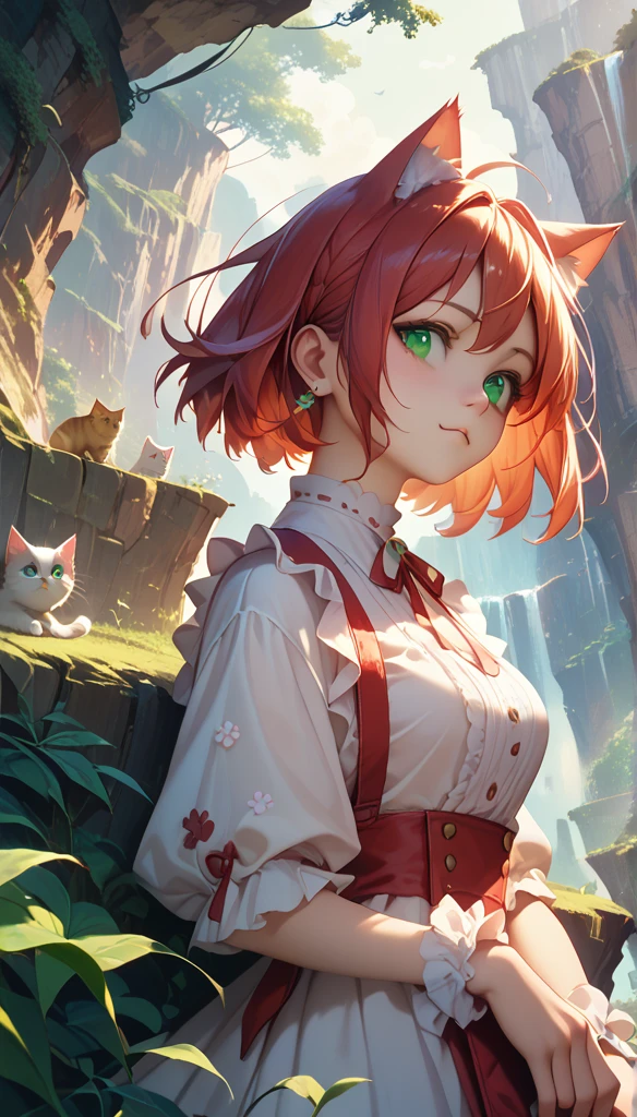 masterpiece,  best quality , Sakura VRC, 1 Girl,  unique, Short hair, Red Hair,  green eyes , Red Cliff,   animal ear fluff  ;3, cat mouth ,  