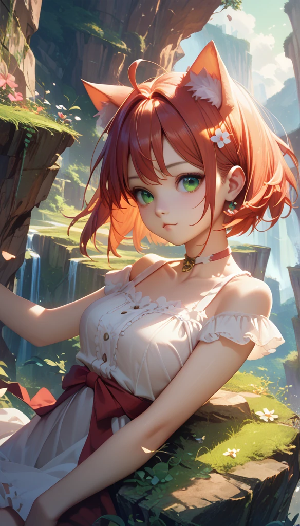 masterpiece,  best quality , Sakura VRC, 1 Girl,  unique, Short hair, Red Hair,  green eyes , Red Cliff,   animal ear fluff  ;3, cat mouth ,  