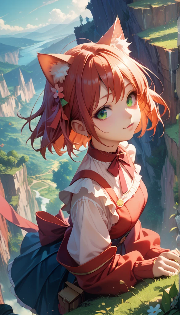 masterpiece,  best quality , Sakura VRC, 1 Girl,  unique, Short hair, Red Hair,  green eyes , Red Cliff,   animal ear fluff  ;3, cat mouth ,  