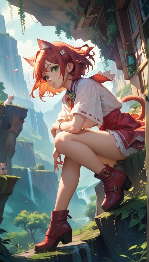 masterpiece,  best quality , Sakura VRC, 1 Girl,  unique, Short hair, Red Hair,  green eyes , Red Cliff,   animal ear fluff  ;3, cat mouth ,  