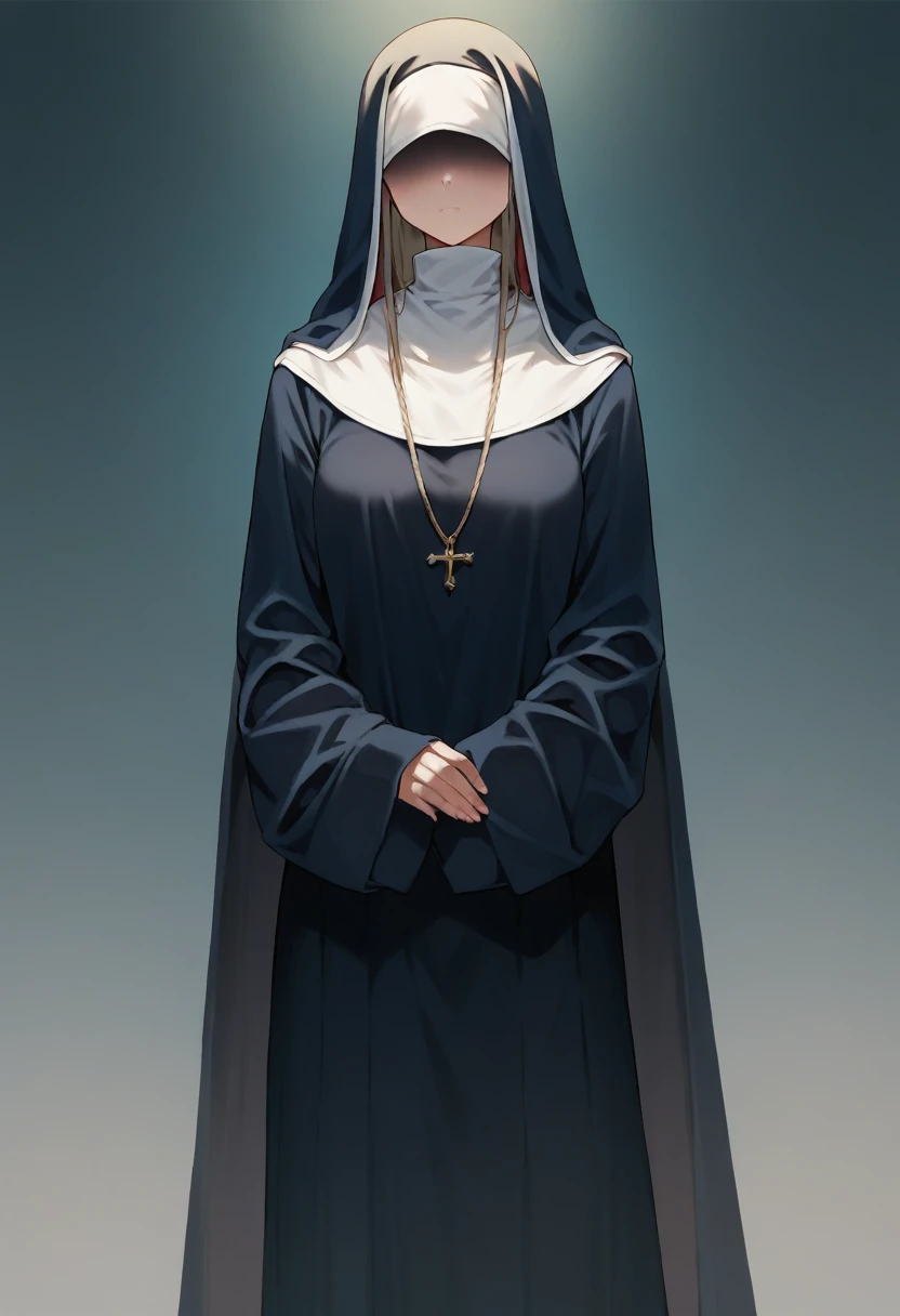 (1girl, solo) Nun, long skirt, long loose sleeves, sleeves covered hands, vest covered her face, no face, no hands, nun outfits, 
cape covering whole body, long cape, scary cape,