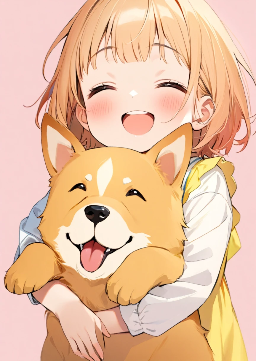 1girl, cute face, kindergarten, (closed eyes:1.1), open mouth, (happy mood:1.3), bright smile, hugging a cute dog, (simple background:1.3), vivid color, colorfull, (masterpiece:1.3), (best quality:1.2), anatomically correct, accurate,l2v