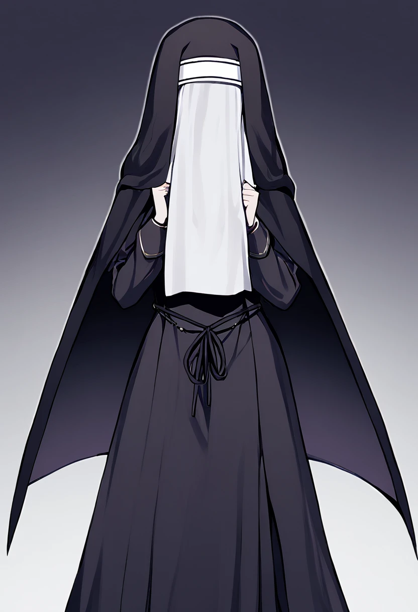 (1girl, solo) Nun, long skirt, long loose sleeves, sleeves covered hands, vest covered her face, no face, no hands, nun outfits, 
cape covering whole body, long cape, scary cape,