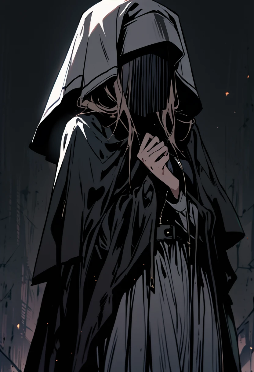 (1girl, solo) Nun, long skirt, long loose sleeves, sleeves covered her hands, vest covered her face, no face, no hands, nun outfits, 
cape covering whole body, long cape, scary cape, sexy, 