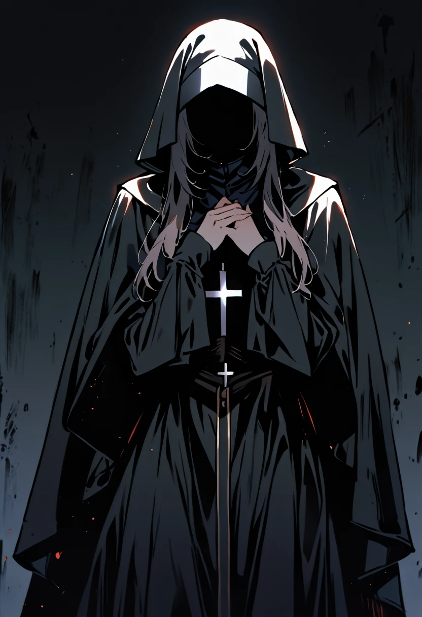 (1girl, solo) Nun, long skirt, long loose sleeves, sleeves covered her hands, vest covered her face, no face, no hands, nun outfits, 
cape covering whole body, long cape, scary cape, sexy, 