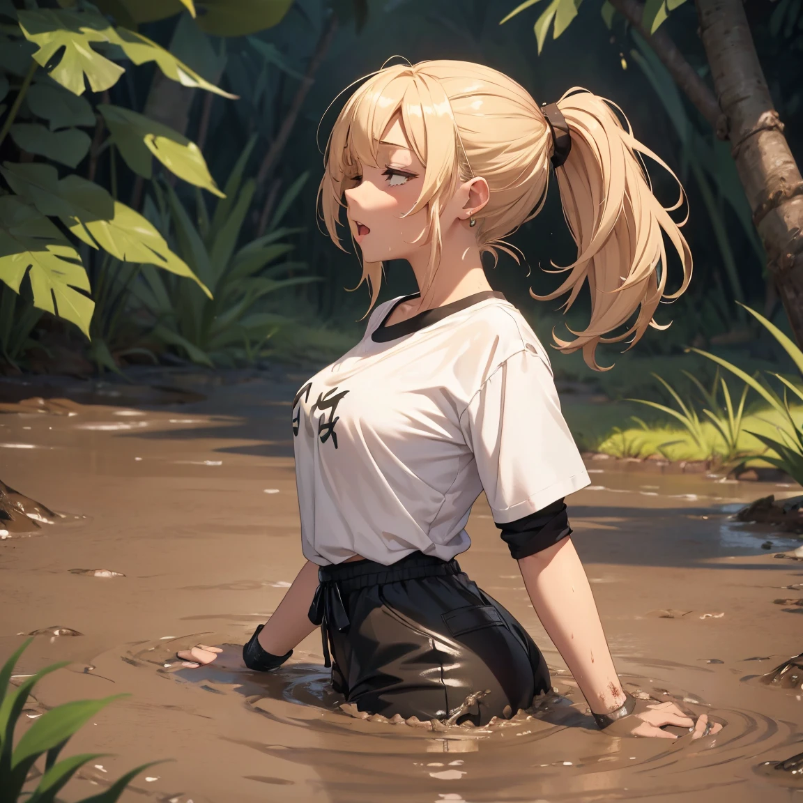 A pretty girl in a white tee shirt and black panty, blonde or ginger ponytail hair, wearing earrings, beautiful, she is sunk to her waist in the middle of quicksand, bog, swamp, marsh, muddy, messy, deep mud, orgasm, intimate moment, passion, (head cocked back to the sky:1.3), looking up, her eyes are closed, her mouth is open, (from side:1.4)