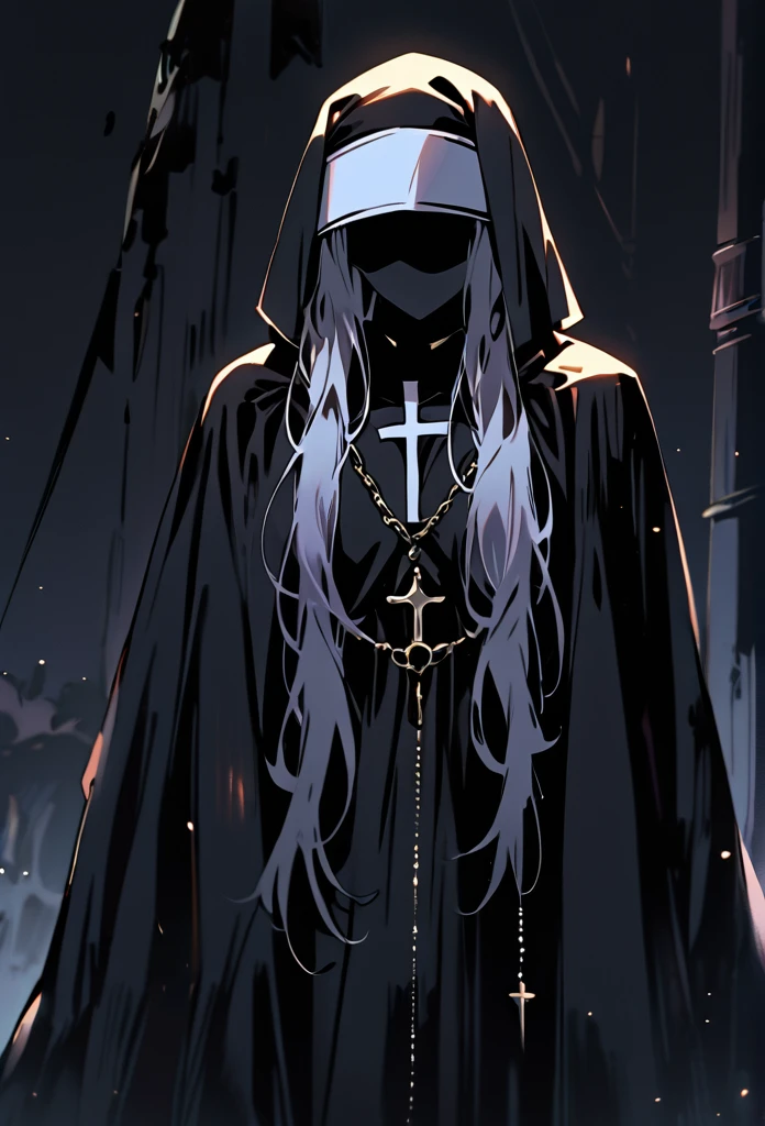 (1girl, solo) Nun, long skirt, long loose sleeves, sleeves inside her hands, vest covered her face, no face, no hands, nun outfits, 
cape covering whole body, long cape, scary cape, sexy, 