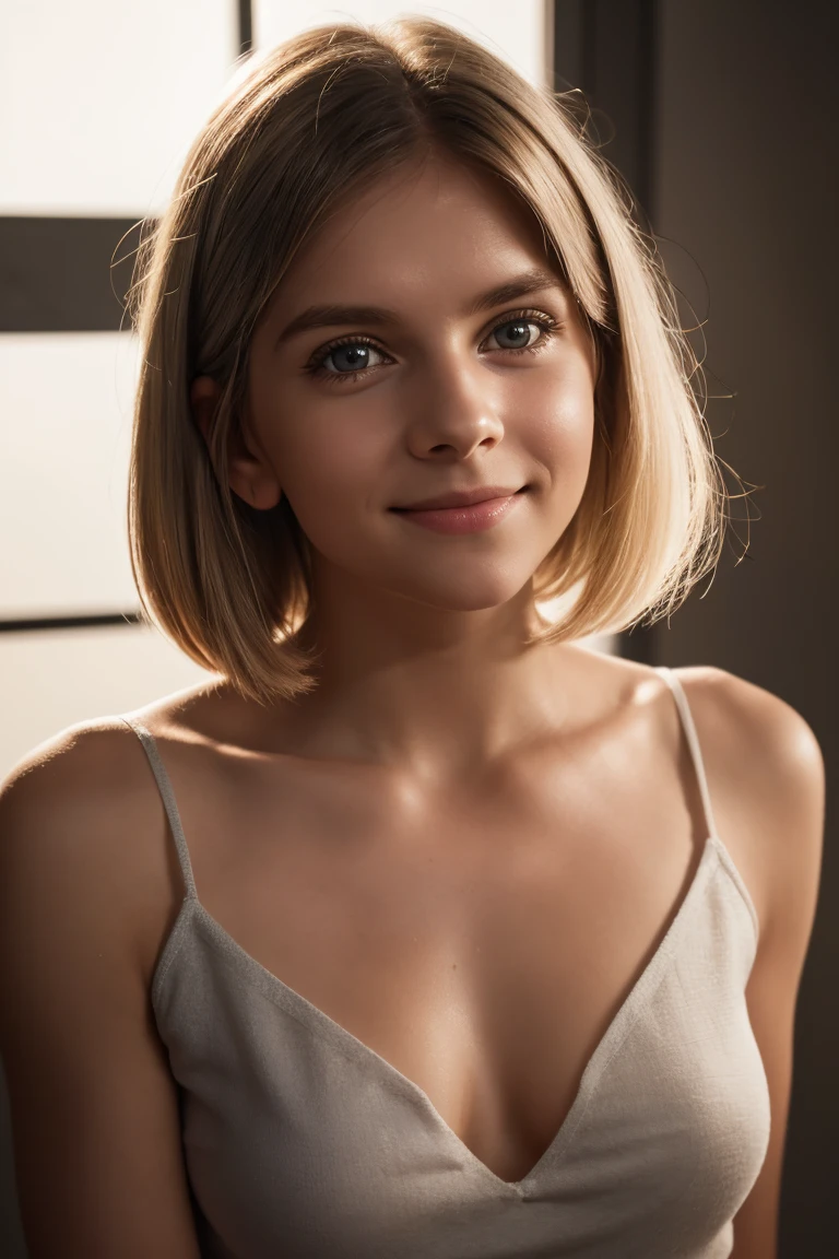 1girl, Agnes Aurora Aksnes, sly grin. (((facing the camera, looking at the camera, looking at the viewer))). Masterpiece, photorealistic, raw photography, soft lighting, top quality, best quality, upper body, toned. Indoors, even illumination, realistic, realistic skin.