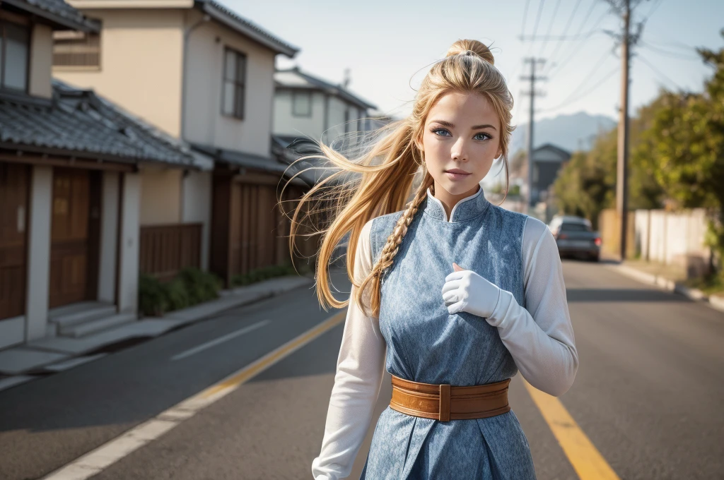  photorealistic , (4K),   depth of field  , (masterpiece), (realistic skin texture),  extremely detailed , intricate,  hyper detailed ,  professional photography , bokeh effect,  High resolution, sharp detail,  best quality, girl,  long hair , Blonde hair,  ponytail , blue eyes, white regatta, (samurai armor), gloves, knees to chest ,  dynamic pose ,  open road, empty roads , happy,  Standing in the middle of the road, daylight,  Japanese architecture ,