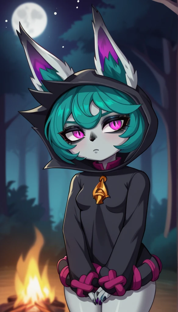 Vexlolxl, Yordle, short hair, pink eyes, green fur, bangs, short hair, gray skin, colored skin, small breasts, hips, black shirt, long sleeves over hands, black hood, hood up, ears through hats, white animal ears, she is in a forest at night looking at the moon and the stars with a campfire lit in solitude, shows a serious but at the same time sad gesture.