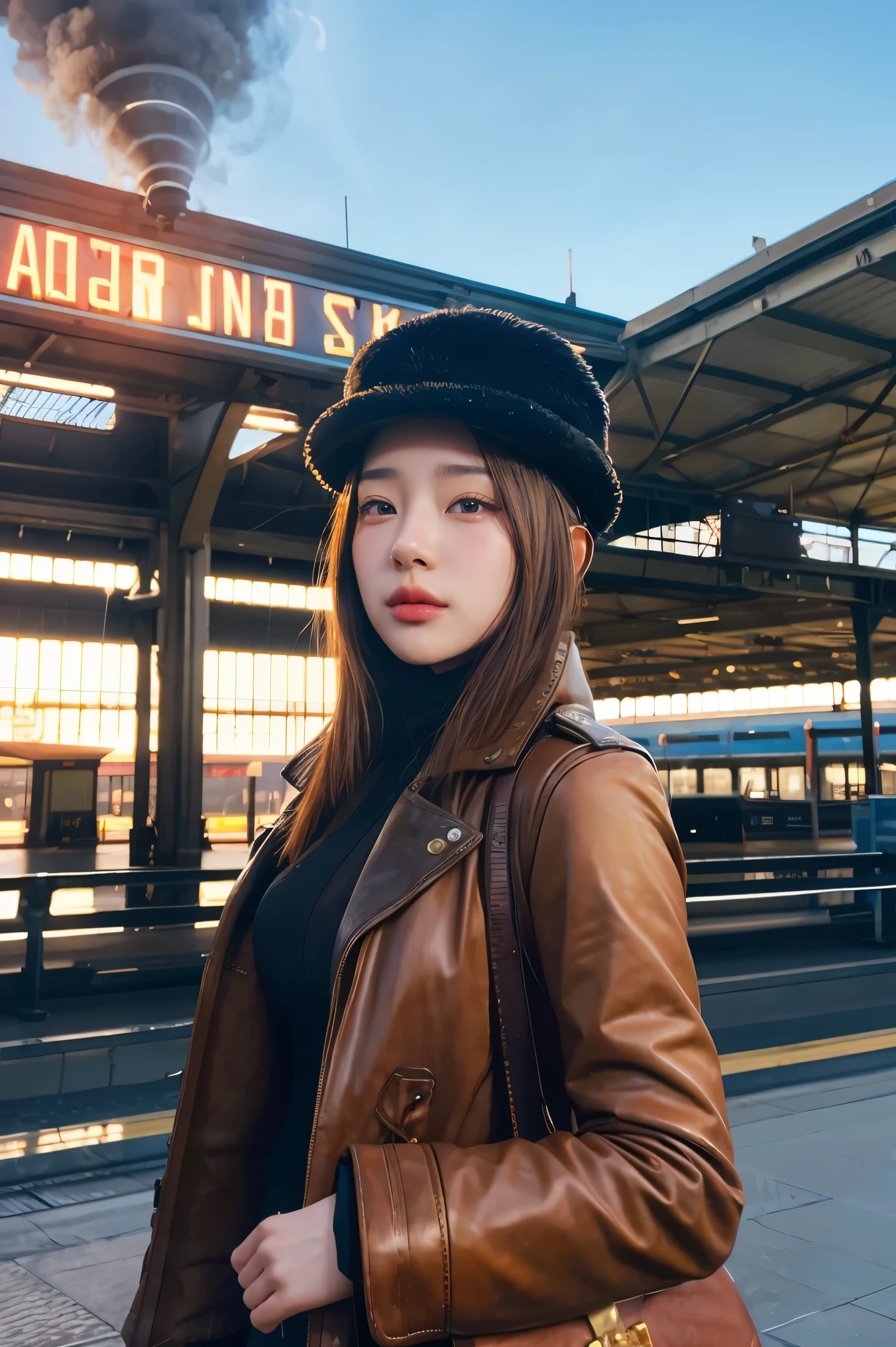 1 girl,  aviator hat ,   solo,   steam punk, train station,  , steam, smoke, masterpiece, highly detailed,HDR,8k resolution, best quality,