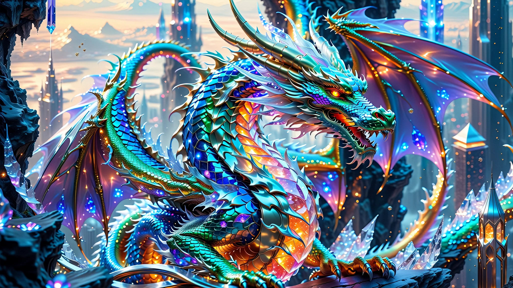 A Masterpiece In 32K Resolution, Supreme Quality, Super Detail, Official Art, Very High-Resolution 32K Wallpaper, Beautiful And Aesthetic, Ultra-Detailed Features, Awe-Inspiring Detail. A Celestial Dragon With Scales That Shimmer Like Sapphires Weaves Through A Sky Of Crystal Spires And Silver Bridges. Its Body Glows With An Otherworldly Energy, Illuminating The Sleek Buildings Below. The Dragon Ethereal Presence Contrasts Beautifully With The City’s Hard Angles And Metallic Hues, Adding A Sense Of Mystery To The Futuristic Scene.