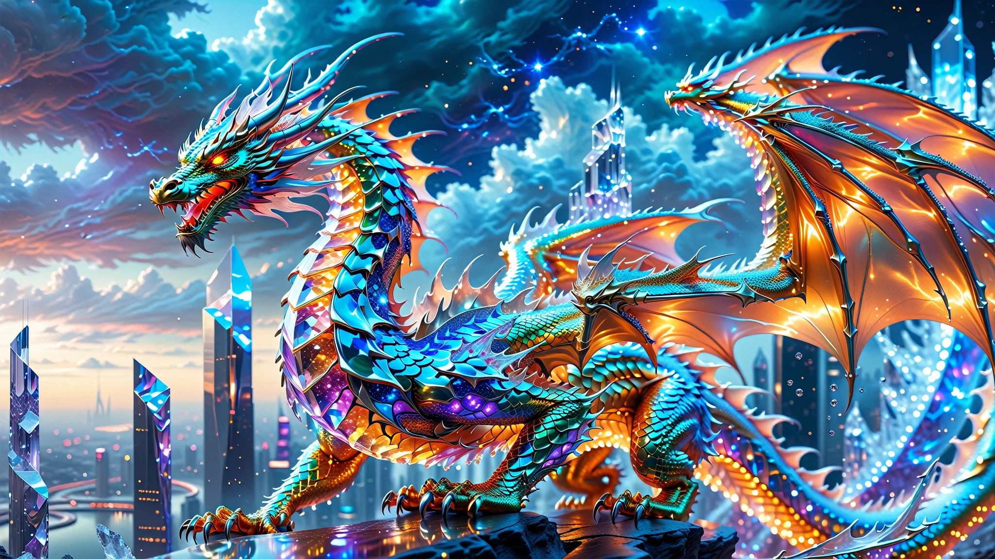 A Masterpiece In 32K Resolution, Supreme Quality, Super Detail, Official Art, Very High-Resolution 32K Wallpaper, Beautiful And Aesthetic, Ultra-Detailed Features, Awe-Inspiring Detail. A Celestial Dragon With Scales That Shimmer Like Sapphires Weaves Through A Sky Of Crystal Spires And Silver Bridges. Its Body Glows With An Otherworldly Energy, Illuminating The Sleek Buildings Below. The Dragon Ethereal Presence Contrasts Beautifully With The City’s Hard Angles And Metallic Hues, Adding A Sense Of Mystery To The Futuristic Scene.