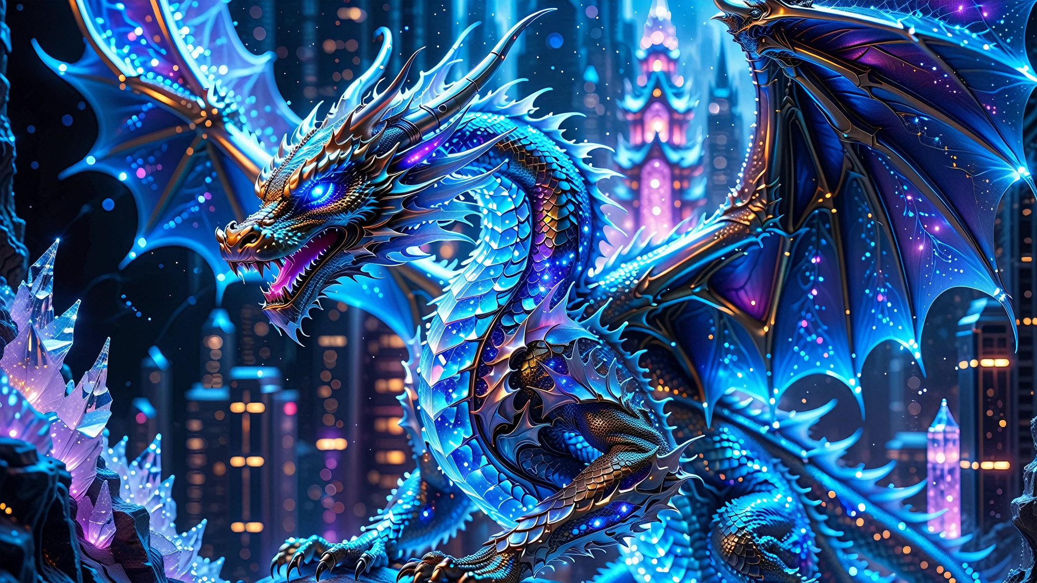 A Masterpiece In 32K Resolution, Supreme Quality, Super Detail, Official Art, Very High-Resolution 32K Wallpaper, Beautiful And Aesthetic, Ultra-Detailed Features, Awe-Inspiring Detail. A Celestial Dragon With Scales That Shimmer Like Sapphires Weaves Through A Sky Of Crystal Spires And Silver Bridges. Its Body Glows With An Otherworldly Energy, Illuminating The Sleek Buildings Below. The Dragon Ethereal Presence Contrasts Beautifully With The City’s Hard Angles And Metallic Hues, Adding A Sense Of Mystery To The Futuristic Scene.