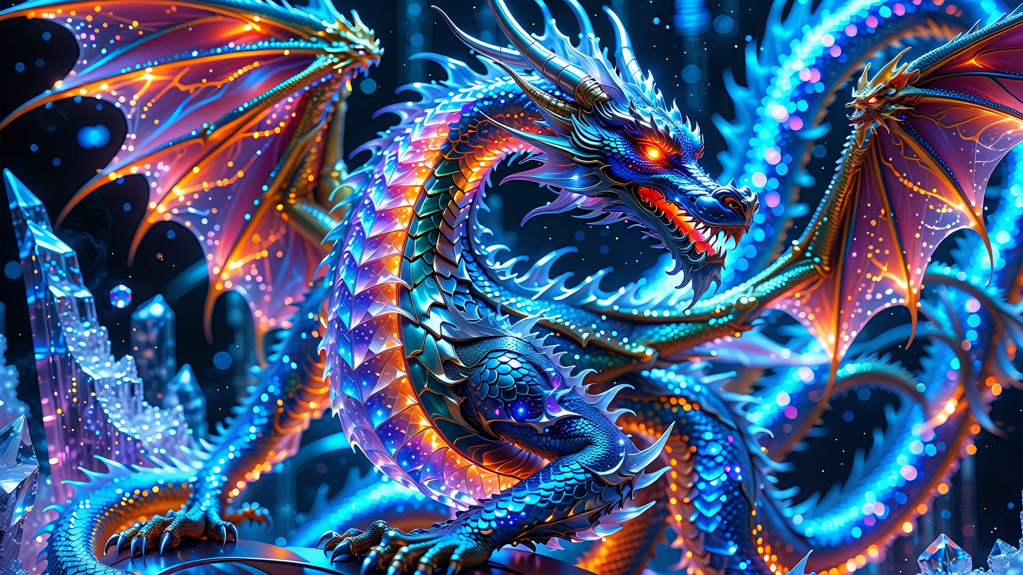 A Masterpiece In 32K Resolution, Supreme Quality, Super Detail, Official Art, Very High-Resolution 32K Wallpaper, Beautiful And Aesthetic, Ultra-Detailed Features, Awe-Inspiring Detail. A Celestial Dragon With Scales That Shimmer Like Sapphires Weaves Through A Sky Of Crystal Spires And Silver Bridges. Its Body Glows With An Otherworldly Energy, Illuminating The Sleek Buildings Below. The Dragon Ethereal Presence Contrasts Beautifully With The City’s Hard Angles And Metallic Hues, Adding A Sense Of Mystery To The Futuristic Scene.