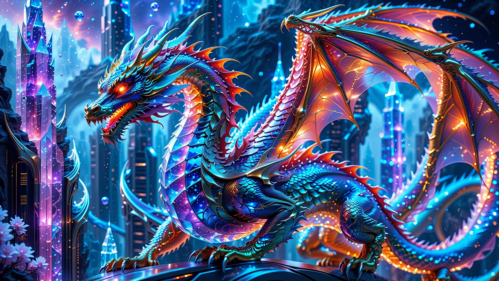 A Masterpiece In 32K Resolution, Supreme Quality, Super Detail, Official Art, Very High-Resolution 32K Wallpaper, Beautiful And Aesthetic, Ultra-Detailed Features, Awe-Inspiring Detail. A Celestial Dragon With Scales That Shimmer Like Sapphires Weaves Through A Sky Of Crystal Spires And Silver Bridges. Its Body Glows With An Otherworldly Energy, Illuminating The Sleek Buildings Below. The Dragon Ethereal Presence Contrasts Beautifully With The City’s Hard Angles And Metallic Hues, Adding A Sense Of Mystery To The Futuristic Scene.