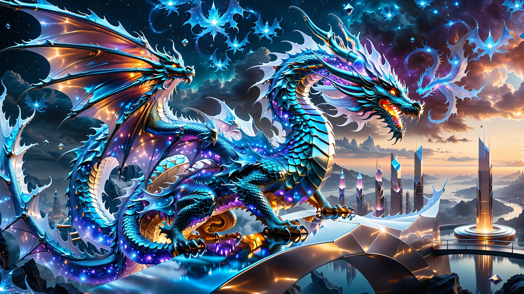 A Masterpiece In 32K Resolution, Supreme Quality, Super Detail, Official Art, Very High-Resolution 32K Wallpaper, Beautiful And Aesthetic, Ultra-Detailed Features, Awe-Inspiring Detail. A Celestial Dragon With Scales That Shimmer Like Sapphires Weaves Through A Sky Of Crystal Spires And Silver Bridges. Its Body Glows With An Otherworldly Energy, Illuminating The Sleek Buildings Below. The Dragon Ethereal Presence Contrasts Beautifully With The City’s Hard Angles And Metallic Hues, Adding A Sense Of Mystery To The Futuristic Scene.