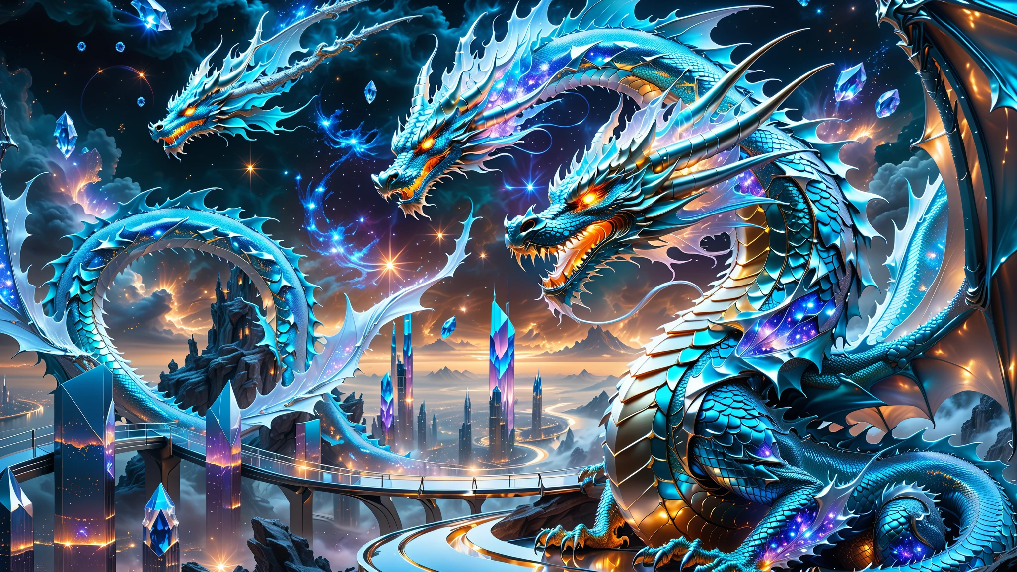 A Masterpiece In 32K Resolution, Supreme Quality, Super Detail, Official Art, Very High-Resolution 32K Wallpaper, Beautiful And Aesthetic, Ultra-Detailed Features, Awe-Inspiring Detail. A Celestial Dragon With Scales That Shimmer Like Sapphires Weaves Through A Sky Of Crystal Spires And Silver Bridges. Its Body Glows With An Otherworldly Energy, Illuminating The Sleek Buildings Below. The Dragon Ethereal Presence Contrasts Beautifully With The City’s Hard Angles And Metallic Hues, Adding A Sense Of Mystery To The Futuristic Scene.