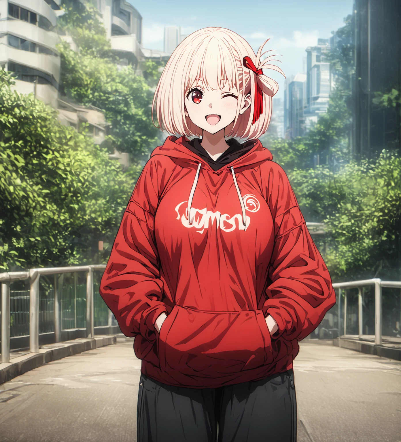 chisato nishikigi, short hair, bangs, blonde hair, red eyes, hair ribbon, one side up, bob cut, large breast, smile, closed one eye, open mouth, hoodie, over sized hoodie, put on hood, long pants, pedestrian bridge, from front, looking viewer, wide shot, solo, alone, best quality, high quality, ultra-detailed, super detailed, high resoolution, hyper resolution, 8K, detailed background,