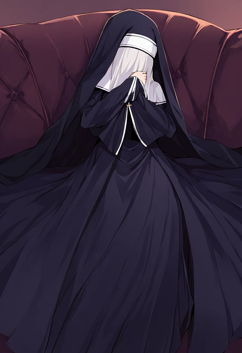 (1girl, solo) Nun, long skirt, long loose sleeves, sleeves inside her hands, vest covered her face, no face, no hands, nun outfits, 
cape covering whole body, long cape, scary cape, sexy, laying down the couch 