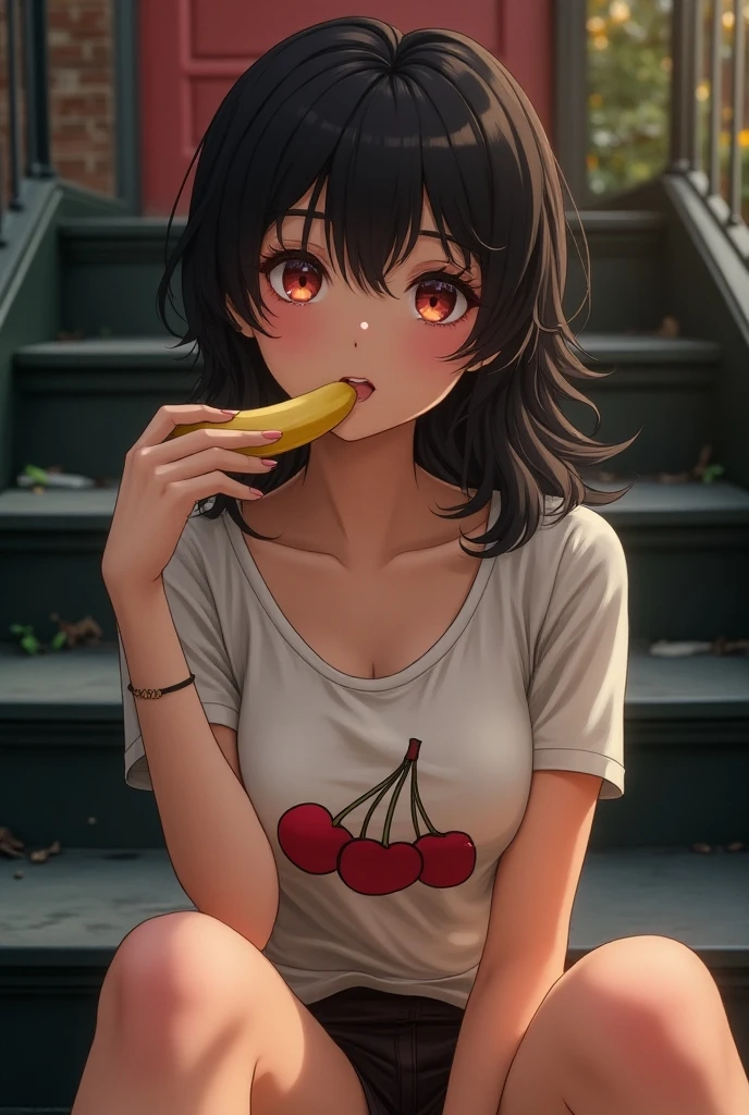 High quality photo, (a girl, young, shoulder-length black hair, Cute face, black eyes.),(full-body photo), (extremely short skirt, pink, lift up high), Sitting on the floor, slender figure, holding one banana in her right hand, night, darknight, indoor