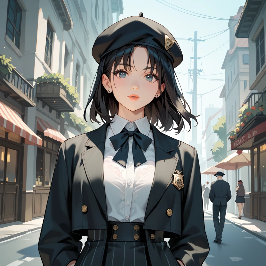  1 Girl, Black Hair,DETECTIVE SPIRIT,Check pattern,stroll,Beret