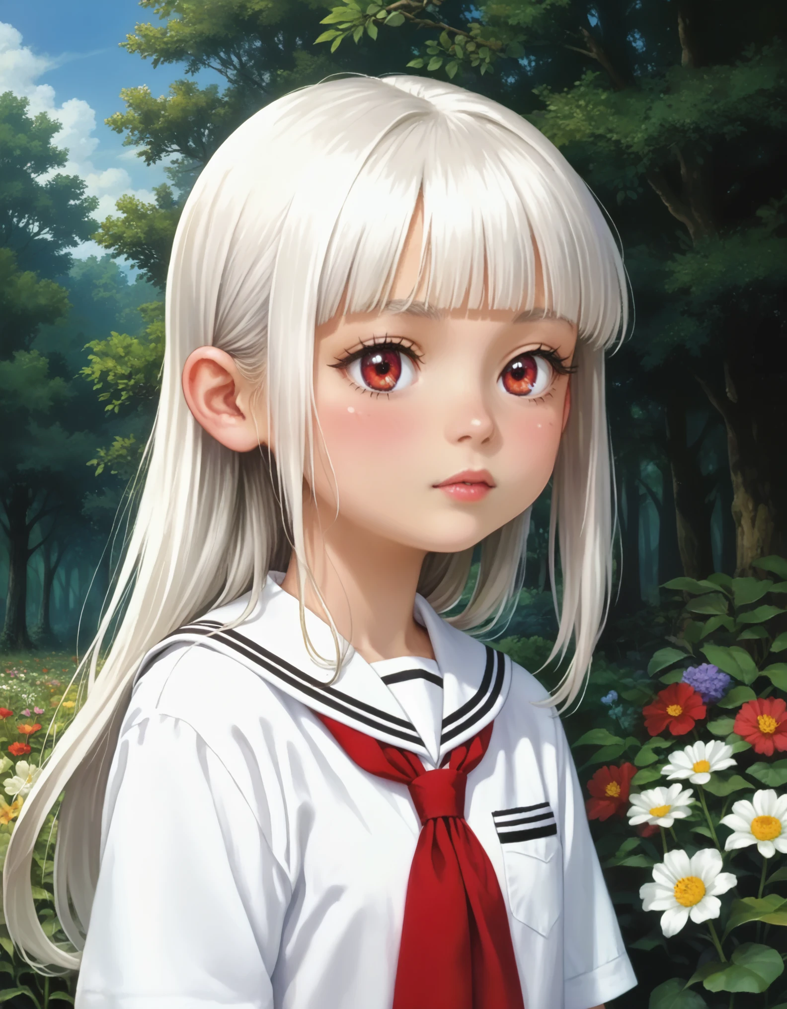 score_9, source_anime, anime_coloring, anime_screencap, rating_sfw, newest, masterpiece, amazing quality, best quality, detailed, absurdres, illustration, game_cg, intricate, an extremely delicate and beautiful, 1 girl, cute, perfect anatomy, red eyes, pettier, white hair, long hair, blunt bangs, white sailor collar, close-up, upper body, forest, flower, standing,