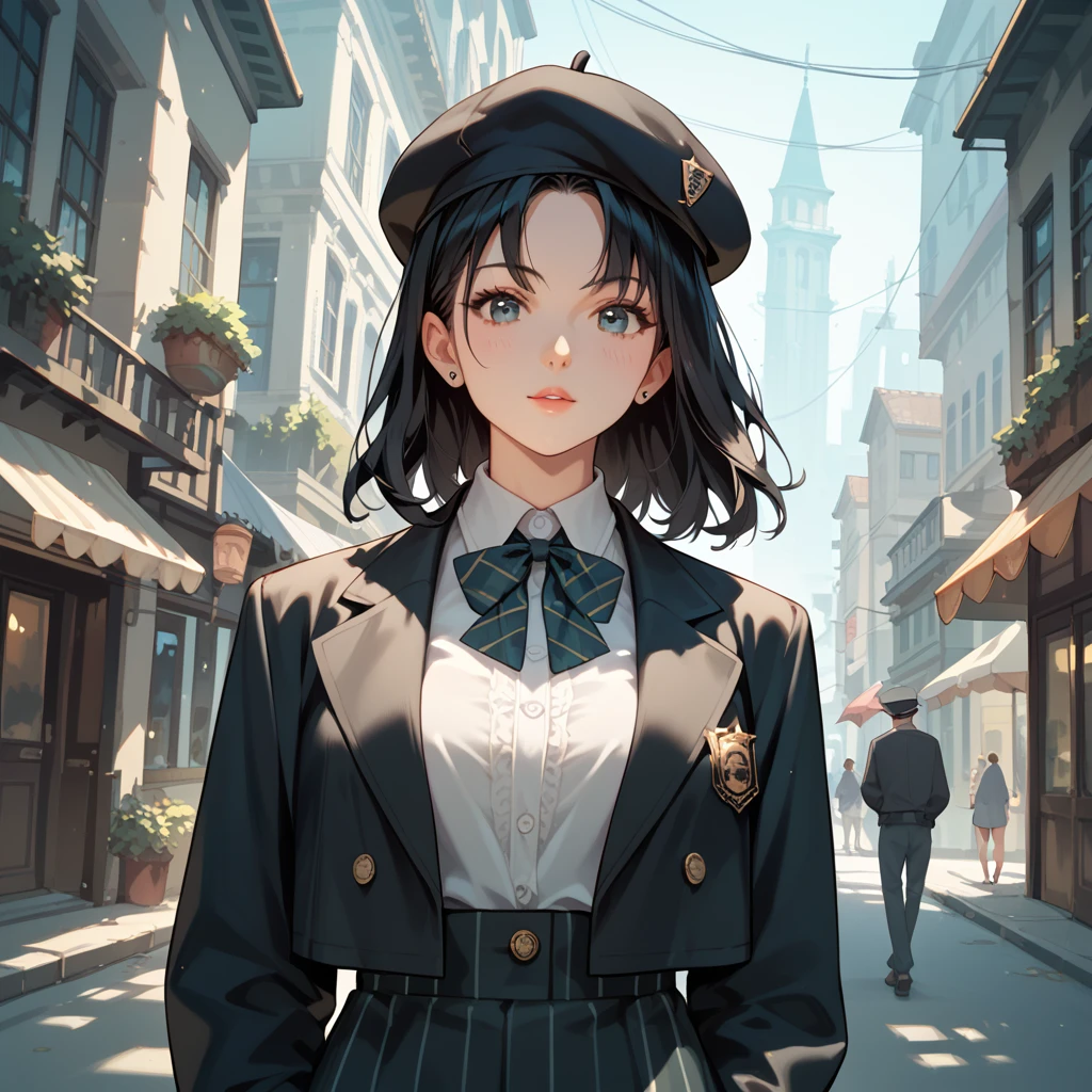  1 Girl, Black Hair,DETECTIVE SPIRIT,Check pattern,stroll,Beret