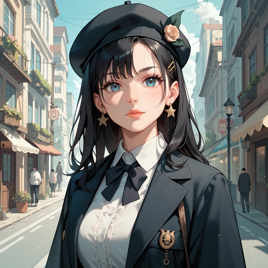  1 Girl, Black Hair,DETECTIVE SPIRIT,Check pattern,stroll,Beret