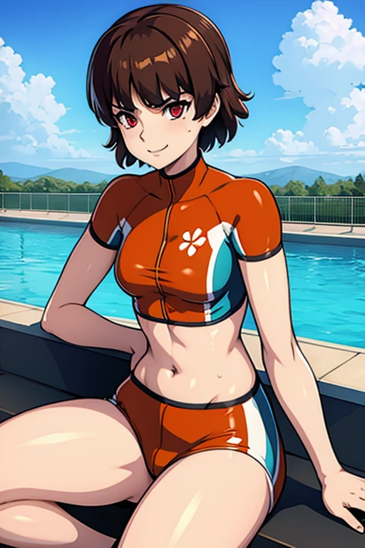 wet_sweaty_makoto_nijima_in_princess_daisys_soccer_uniform BREAK short top, midriff, hotpants, orange clothing BREAK thin_legs, flat_chest BREAK wet_skin BREAK crownbraid, medium_brown_hair, blunt_bangs BREAK red_eyes, skinny, evil_smile, seductive_expression, seductive, outside, beautiful, high resolution, 8k, sure_for_work 