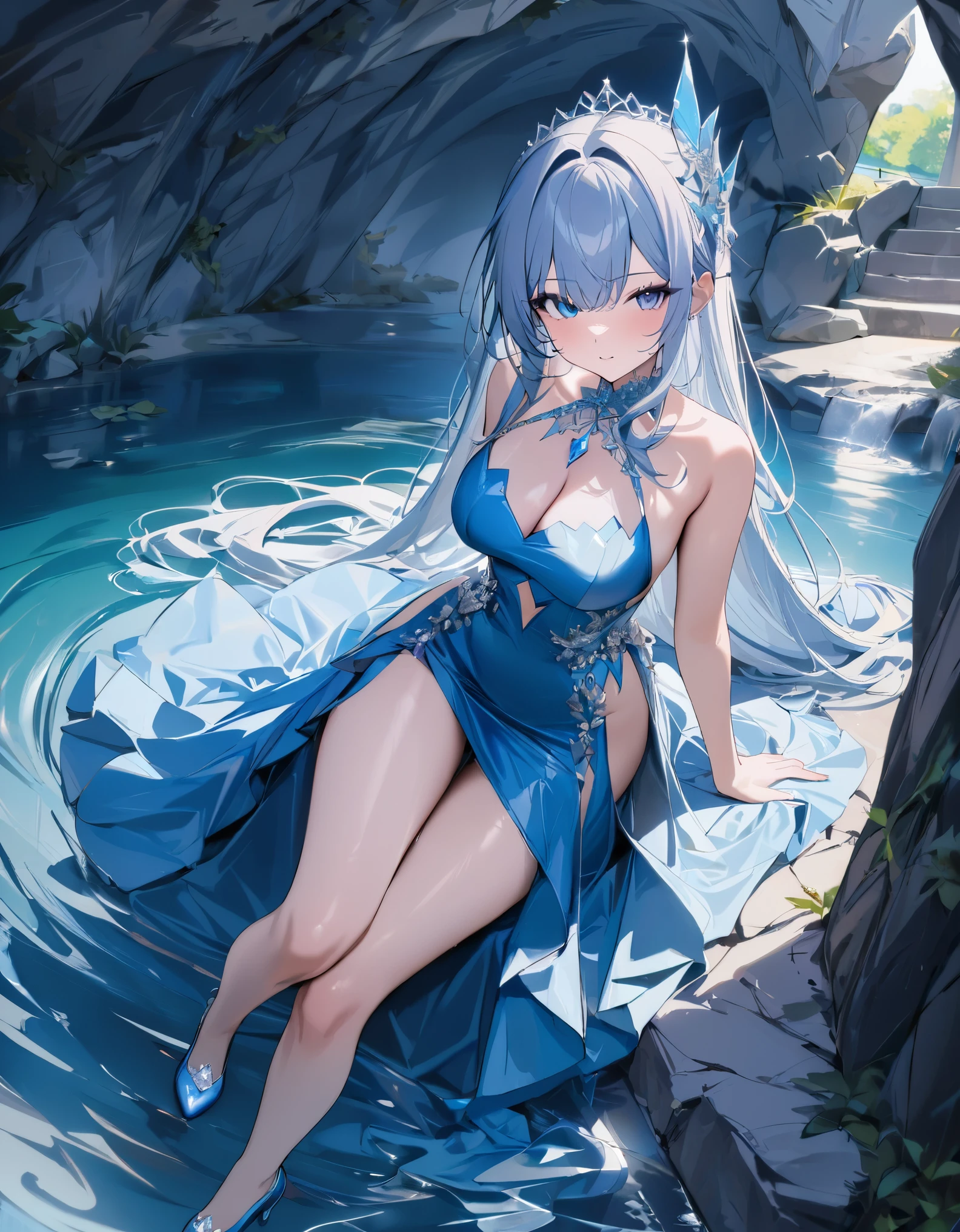 1girl,beautiful eyes,crystall dress,long flowing hair,glass shoes,Cinderella,blue dress,cave,water lake,simple background,intricate detail,(masterpiece:1.3),(best quality:1.2),(absurdres:1.2),newest,l2v,looking at viewer,very detailed