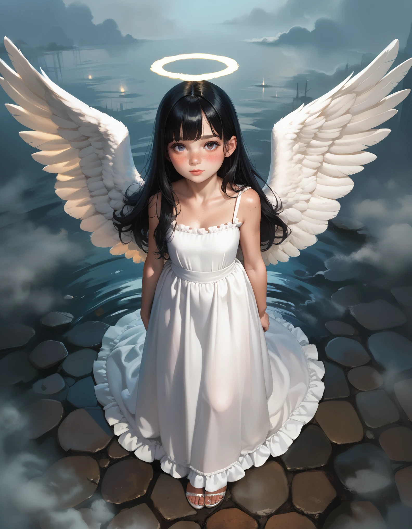score_9, score_8_up, score_7_up,
1girl, angel wings, feathered wings, tall female, pale skin, freckles, blush, contrast, high angle, fog, arms at sides, standing, looking at viewer, black hair, long hair, bangs, beautiful, long dress, white dress, frilled dress,