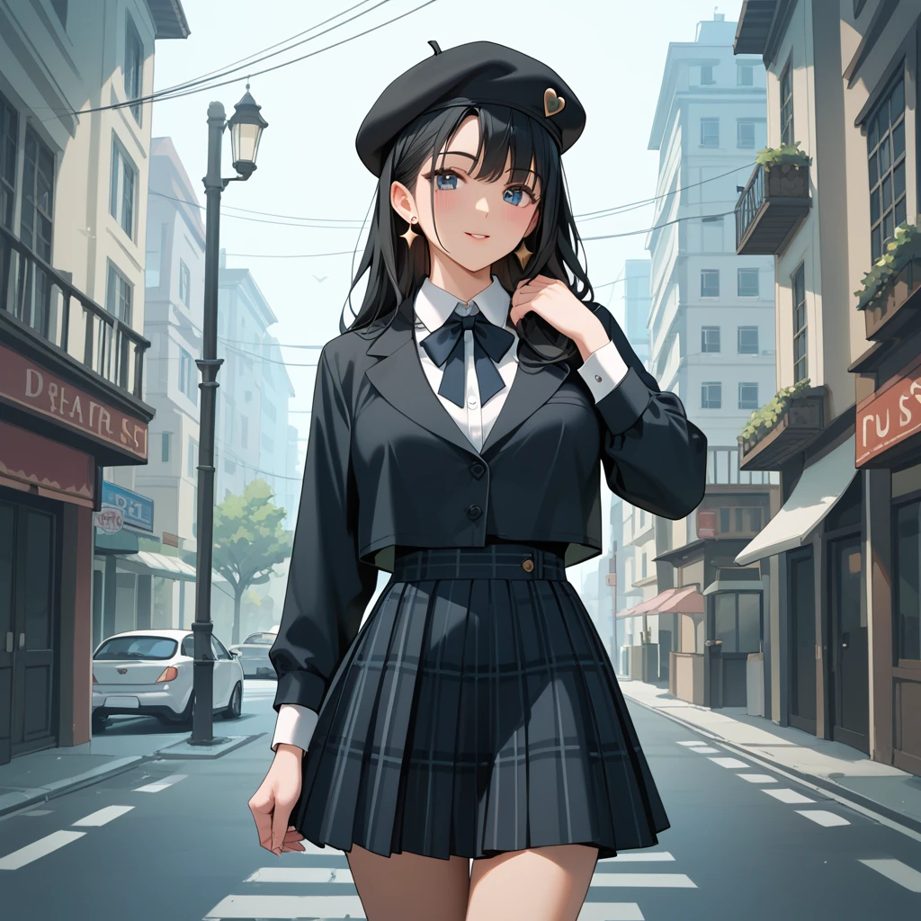  1 Girl, Black Hair,DETECTIVE SPIRIT,Check pattern,stroll,Beret。skirt,whole body