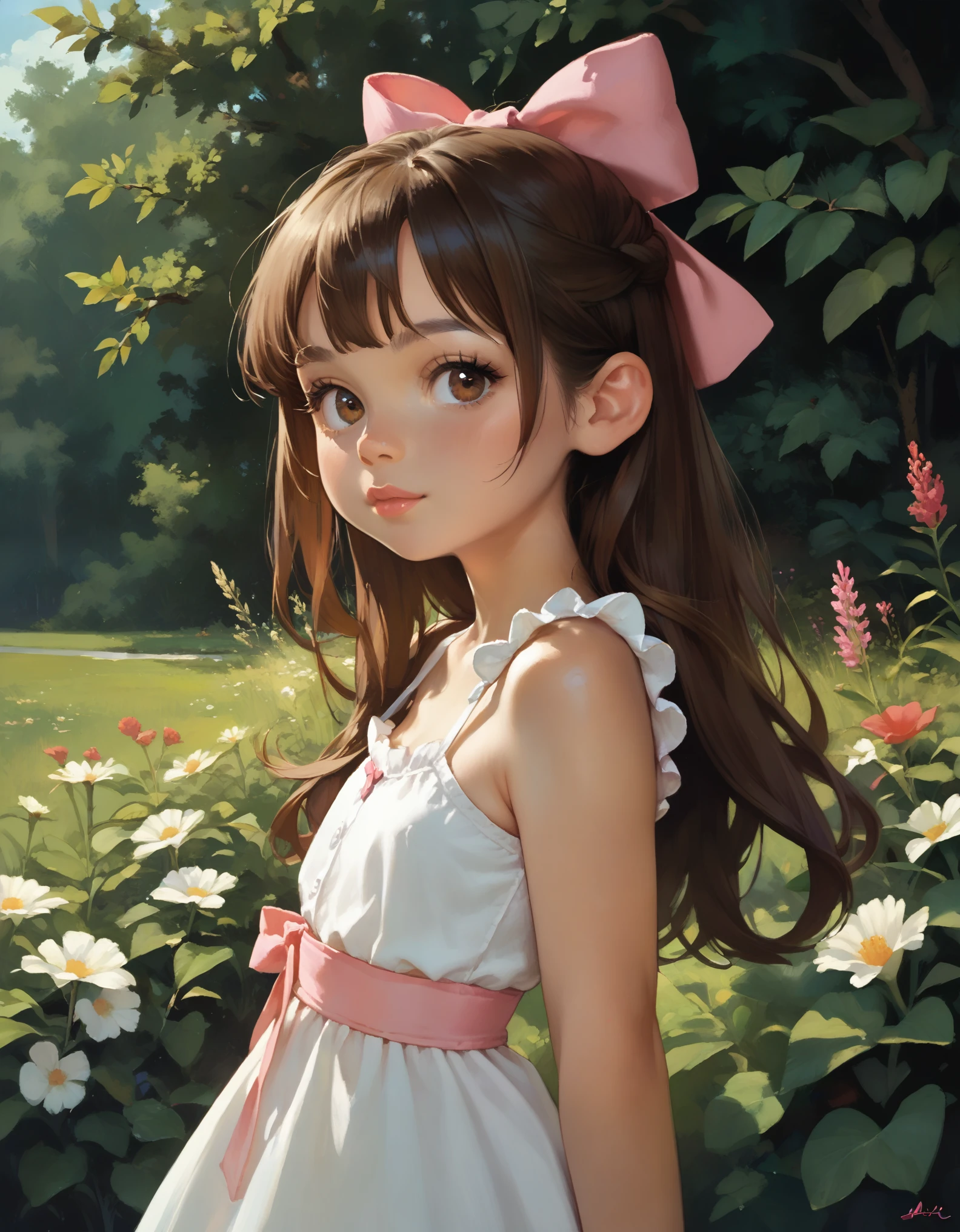 score_9, score_8_up, score_7_up, 1girl, solo, brown hair, long hair, brown eyes, bow, hair bow, looking at viewer, upper body, standing, pink bow, sundress,