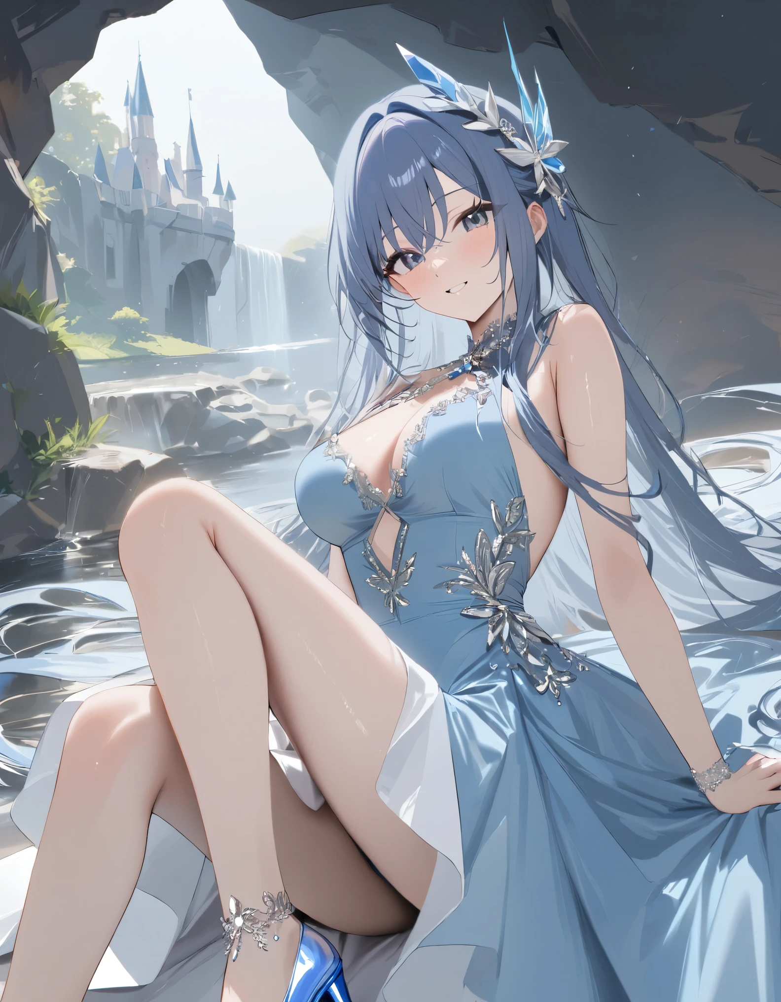 1girl,beautiful eyes,crystall dress,long flowing hair,glass shoes,Cinderella,blue dress,cave,intricate detail,(masterpiece:1.3),(best quality:1.2),(absurdres:1.2),newest