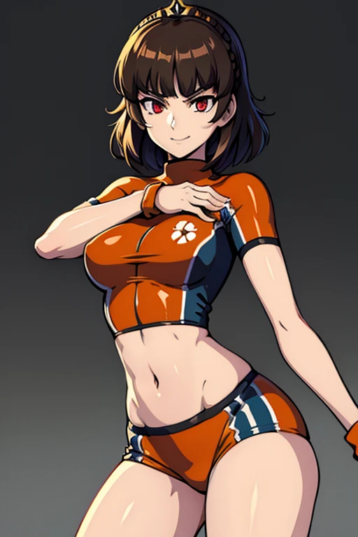 young_makoto_nijima_in_princess_daisys_soccer_uniform BREAK short top, midriff, hotpants, orange clothing BREAK thin_legs, flat_chest BREAK wet_skin BREAK crownbraid, medium_brown_hair, blunt_bangs BREAK red_eyes, skinny, evil_smile, seductive_expression, seductive, outside, beautiful, high resolution, 8k, sure_for_work 