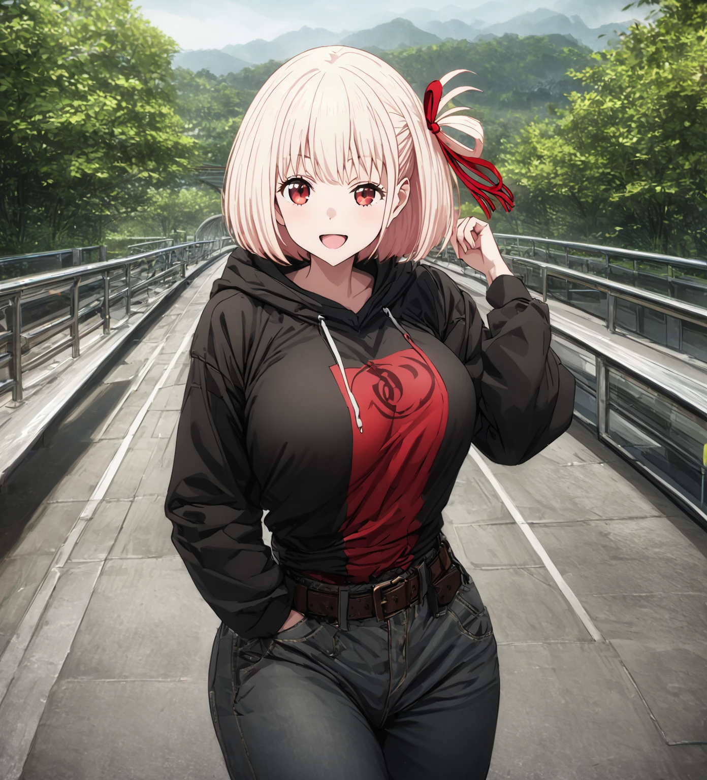 chisato nishikigi, short hair, bangs, blonde hair, red eyes, hair ribbon, one side up, bob cut, large breast, smile, closed one eye, open mouth, hoodie, black hoodie, over sized hoodie, (put on hood:1.4), under bust belt, long pants, pedestrian bridge, from front, looking viewer, wide shot, solo, alone, best quality, high quality, ultra-detailed, super detailed, high resoolution, hyper resolution, 8K, detailed background,