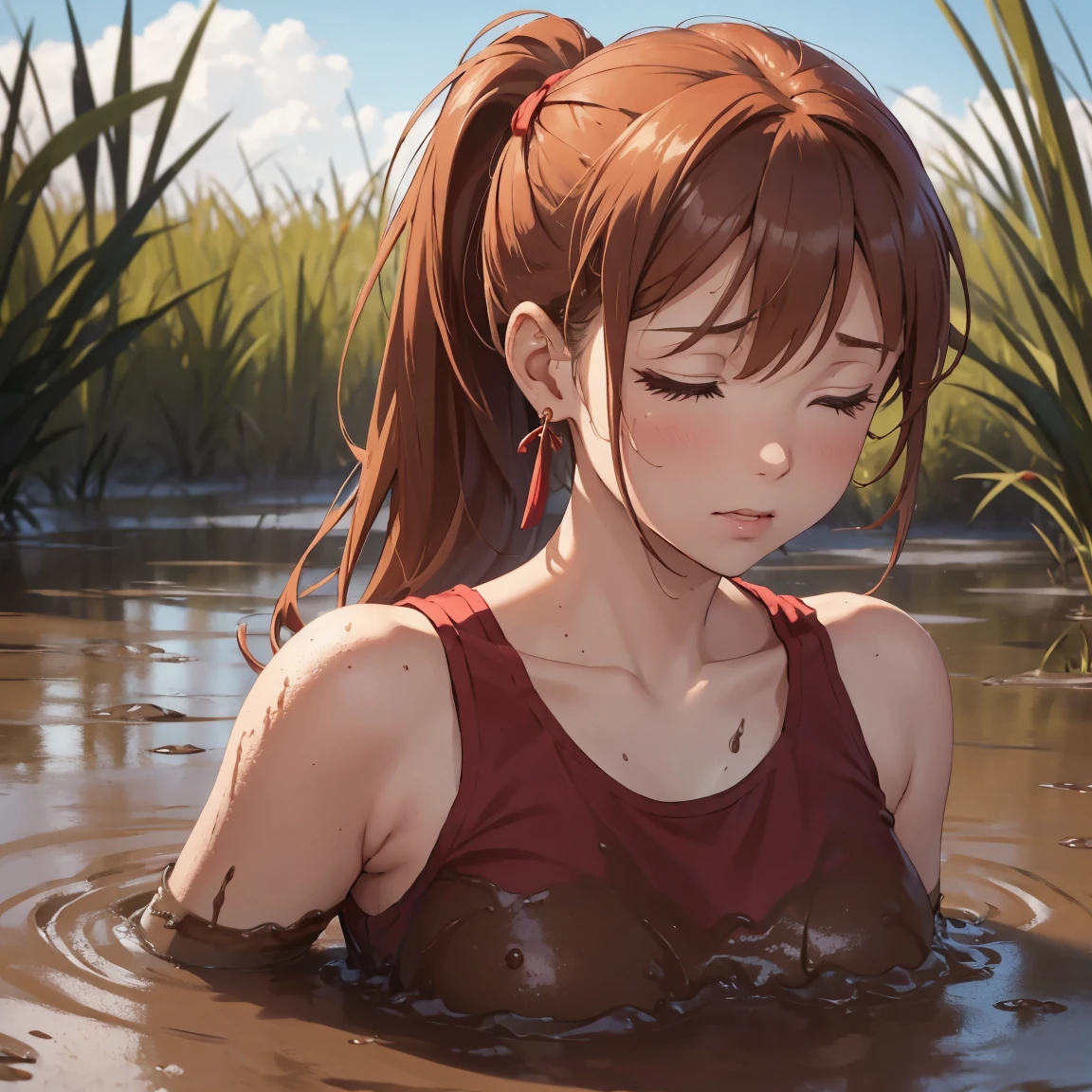 A pretty girl in a red tank top, ginger ponytail hair, wearing earrings, beautiful, she is sunk to her chest in the middle of quicksand, bog, swamp, marsh, muddy, messy, deep mud, orgasm, intimate moment, passion, (head cocked back to the sky:1.3), looking up, her eyes are closed, her mouth is open,