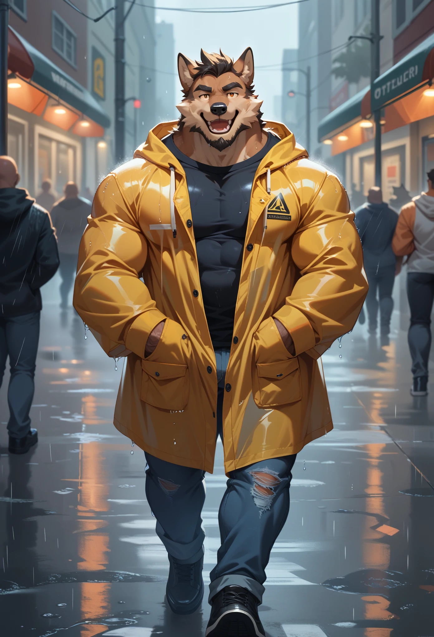 Best quality, masterpiece,ultra high res,detailed background,realistic, real shadow and light,depth of field, looking at the viewer, strong arm and veins, Close up, there is a wolf, fluffy, wearing raincoat, commission for high res, anthropomorphic, highly detailed full body, strong and imposing, detailed full body, muscular character, extra detailed body, body detailed, beard, hide face, hoodie, navy jeans, open mouth, walking on the street, raining, rain, wet clothes, wet street, cloudy and dim, light pole, spotlight on the man.