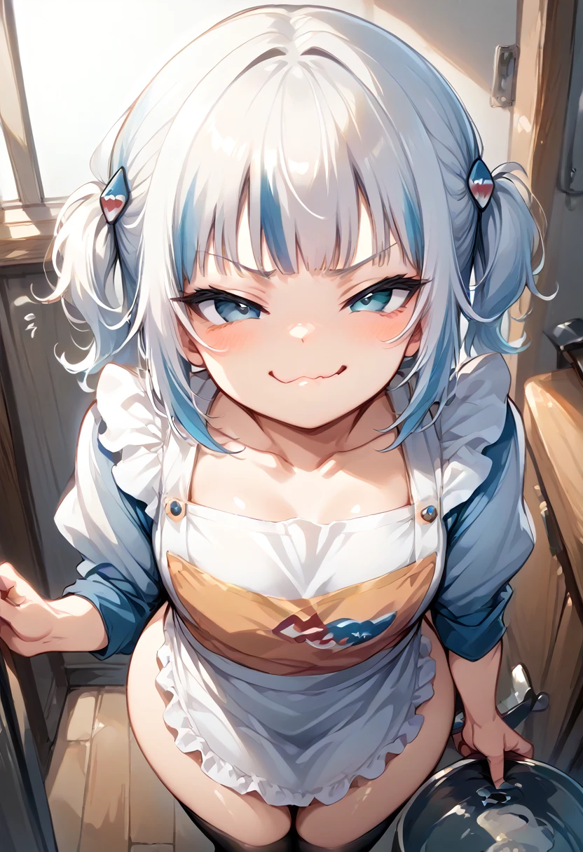 Guragura ,A beating giant,white hair,apron,(smug expression:1.3), blushes seen from above