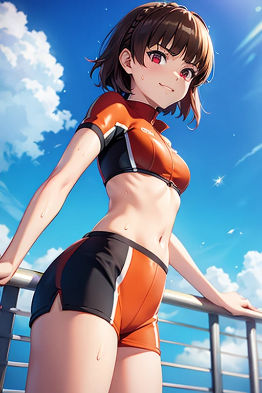 wet_sweaty_makoto_nijima_in_princess_daisys_soccer_uniform BREAK short top, midriff, hotpants, orange clothing BREAK thin_legs, flat_chest BREAK wet_skin BREAK medium_brown_hair, blunt_bangs, crownbraid BREAK red_eyes, skinny, evil_smile, seductive_expression, seductive, outside, beautiful, high resolution, 8k, sure_for_work 