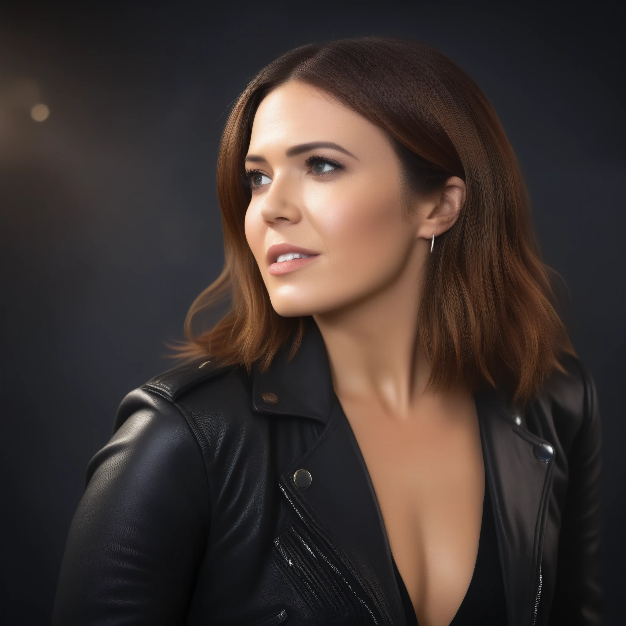 best quality, highres, 8k, masterpiece, photography, detailed midbody photorealistic portrait of Mandy Moore embodying Becky Lynch in a dramatic backstage photo shoot, sporting a wild mane of vibrant red hair that flows over her shoulders. She’s dressed in Becky’s iconic black leather jacket with “The Man” written on the back, paired with high-waisted shorts and combat boots. Her powerful stance against a smoky, dimly lit background captures Becky’s unapologetic attitude and larger-than-life persona. 40 years old, (real skin texture: 1.3), (slender figure: 1.1), six-pack abs, (Immersive Ambience, Chiaroscuro: 1.5, Dim Light: 1.2, Glow Lighting), (Bokeh: 1.5), Blurred, high contrast, (Fuji colours: 1.5), film grain