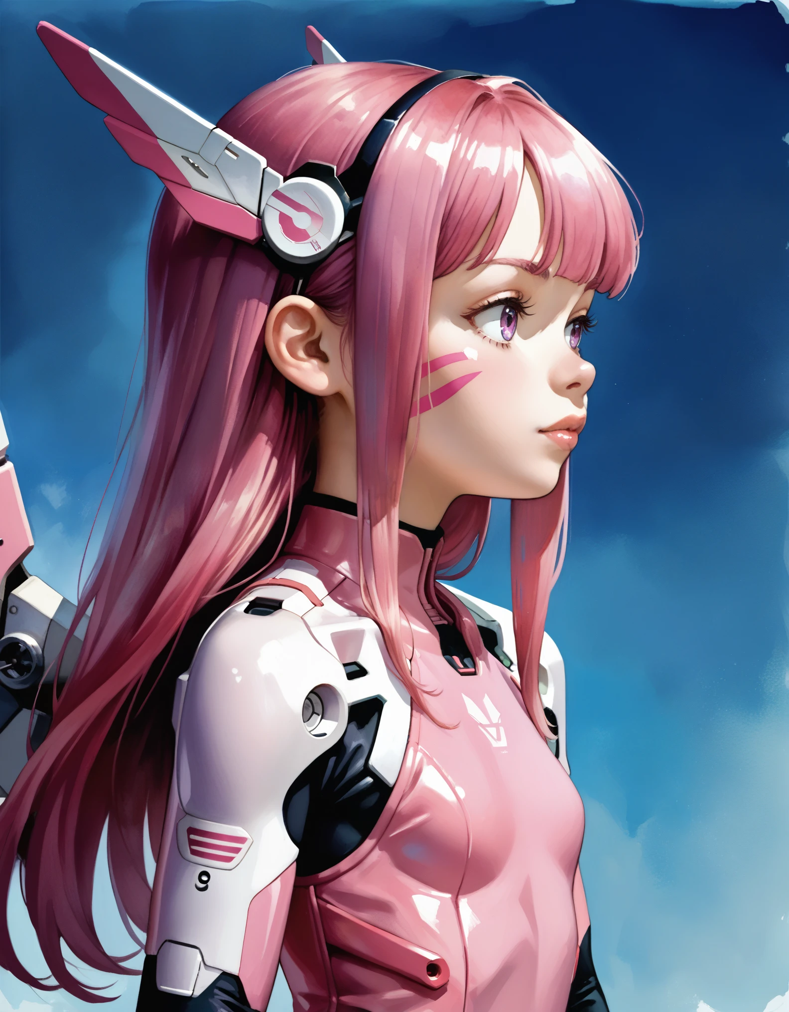 source_anime, wings, score_9,score_8_up,score_7_up, newest, 1girl, arms at sides, long hair, shade, iridescent hair, simple background, detailed, Neon Pink theme, purple light, mecha musume, mech girl, technical, bodysuit, upper body, 2d, highly detailed, mechanical detail, impressionistic, ((watercolor)) body tattoo, sketch, markings, (((highly detailed))) (((incredibly detailed))) (((fine details))) (((superb details))) mechanical undulations, blurry, depth of field, cinematic