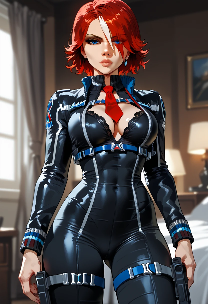 score_9, score_8_up, score_8_up, source_anime, rating_explicit,, 1girl,, xjoannax, red hair, short hair, multicolored hair, hair over one eye, blue eyes,(black widow),solo, score_9,score_8_up,score_7_up,score_6_up,score_5_up,score_4_up,1woman,white gloves, fishnets, necktie, bodysuit, holster, red necktie, (uniform), detached sleeves, (full bodystocking:1.5), waist belt, shoulder pads, pantyhose, ,exposed breasts, nipples, areola,