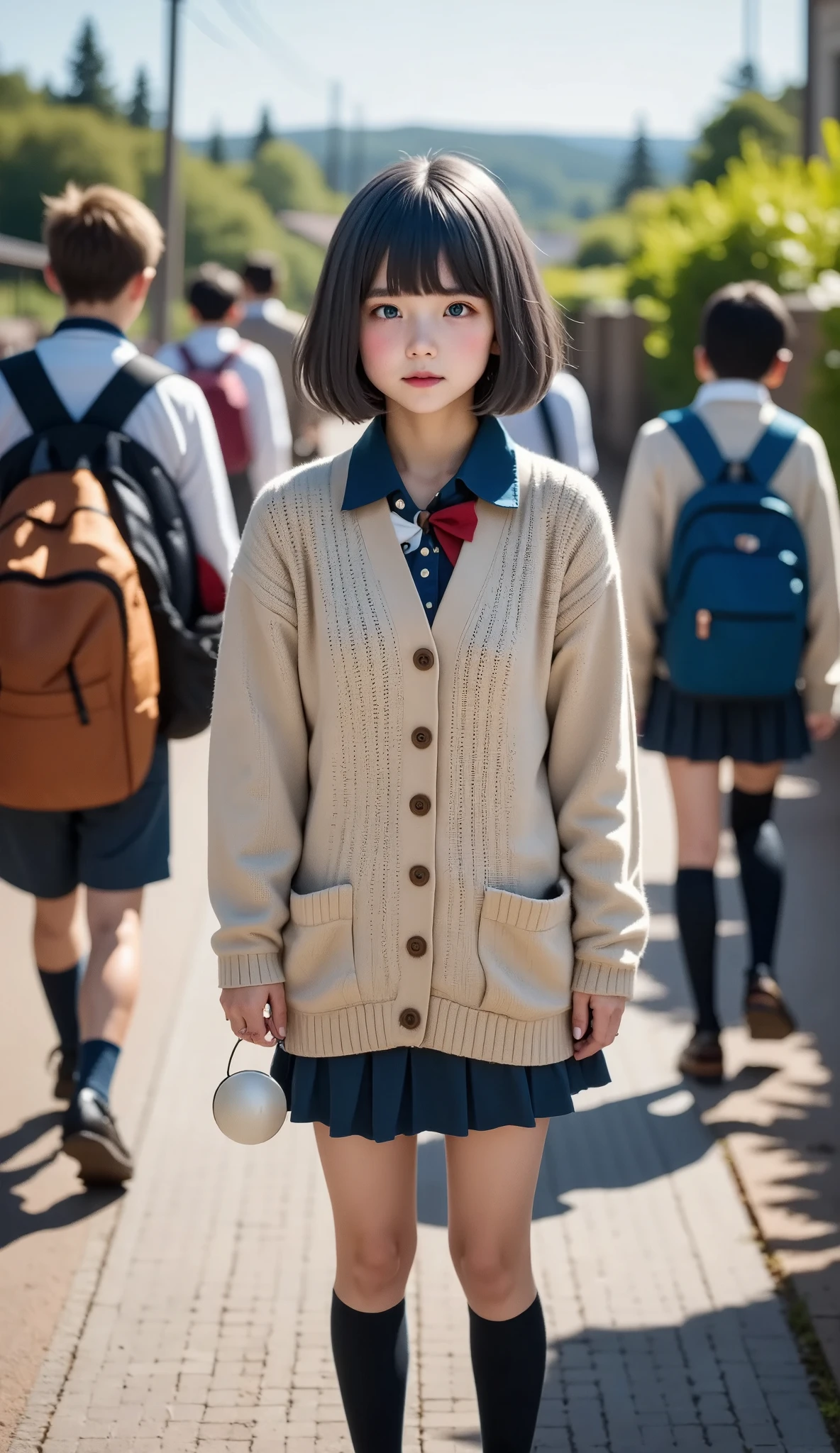 masterpiece、 perfect anatomy、 girl, On the way to school, Chat with friends, stand, School Area, Rural Scenery, landscape, Round Glass, school cardigan in the midst of crowds, ( The sleeve is longer than the list ), Strong Loafers, dark gray hair on both sides , straight shot in a crowd , Beautiful Dark Eyes , Black knee socks, Movie Lighting , upper body, :3, School Area, Rural School
