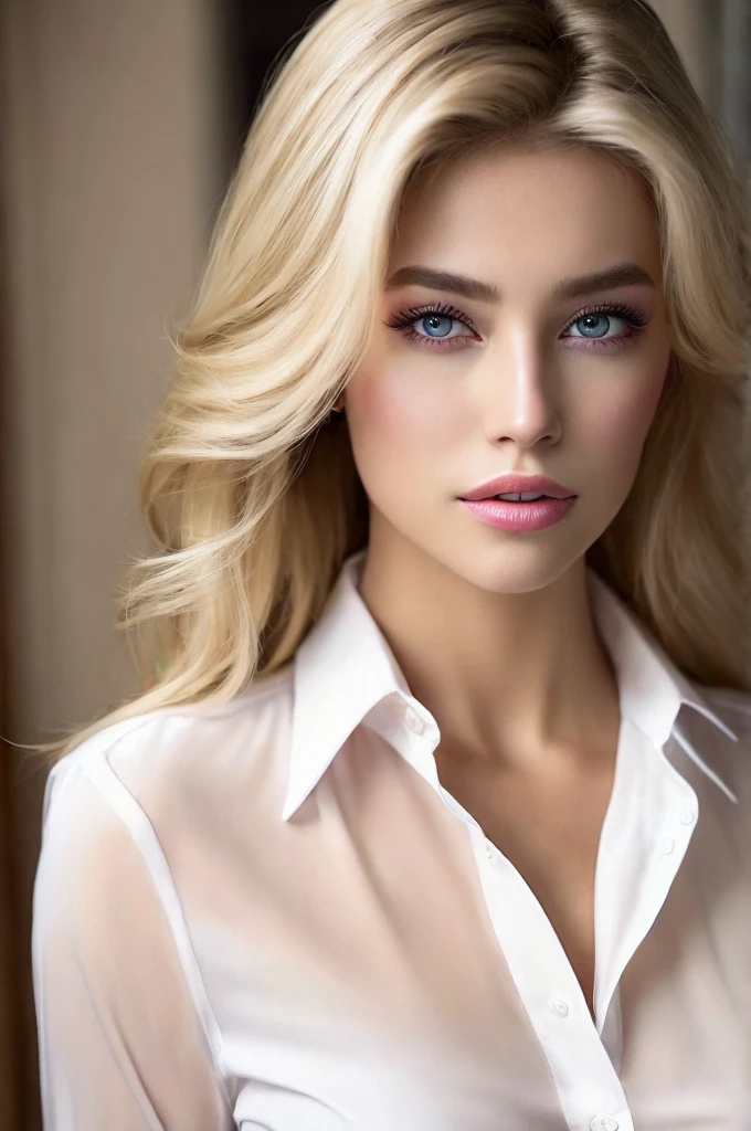 Bridgette as realistic blonde hair white shirt beautiful seductive women  