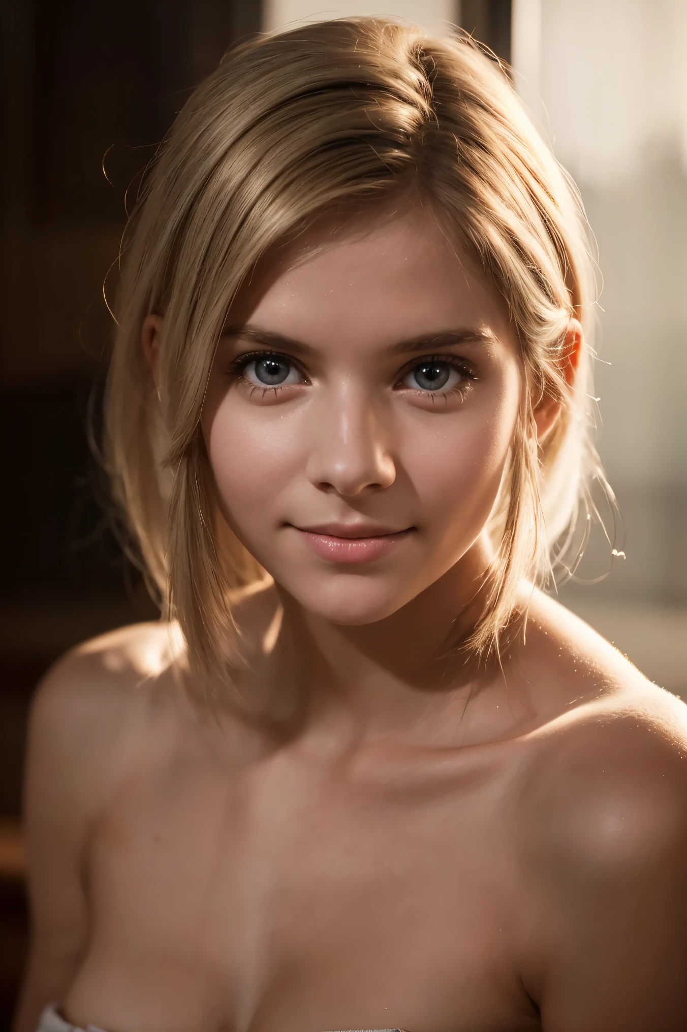 1girl, Agnes Aurora Aksnes, sly grin. (((facing the camera, looking at the camera, looking at the viewer))). Masterpiece, photorealistic, raw photography, soft lighting, top quality, best quality, upper body, toned. Indoors, even illumination, realistic, realistic skin.