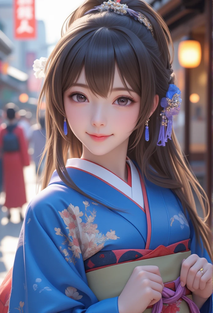 (super cute young face:1.4),(sparkling clear attractive large glowing eyes:1.3), (japanese idol face:1.3),very beautiful cute girl,(baby face:1.3),(fifteen years old:1.4),exquisite smooth and silky long brown straight hair,fair skin,(happy cheerful smile),professional portrait,
(gorgeous flamboyantly blue-colored apprentice geisha costume :1.3), (apprentice geisha costume :1.3) ,(very beautiful kimono:1.2) ,happy cheerful smile,body shot,in the street